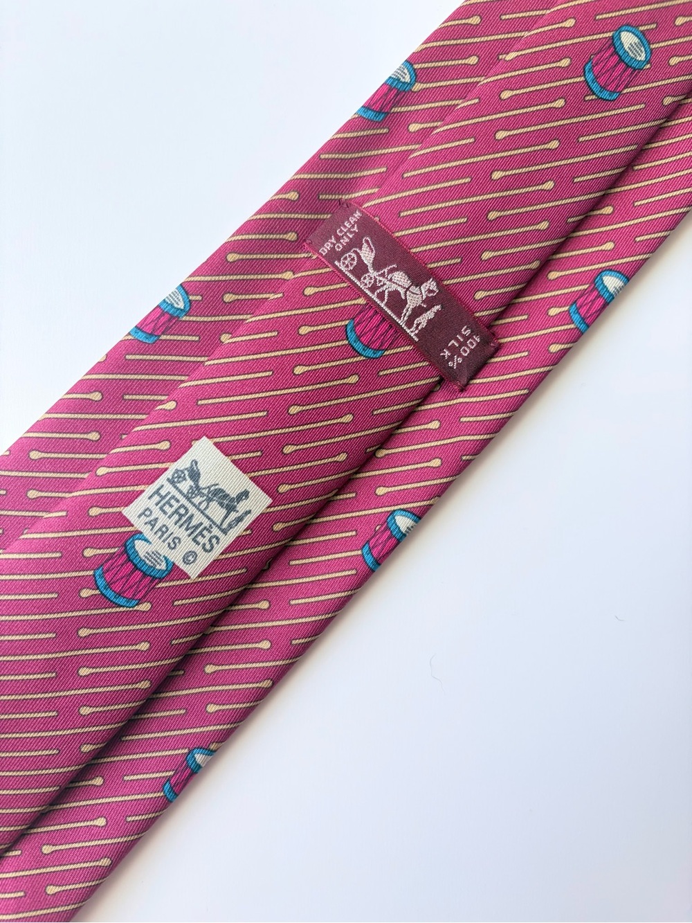 Hermès Paris 7135 FA Burgundy Drum and Drumstick Motif Silk Tie